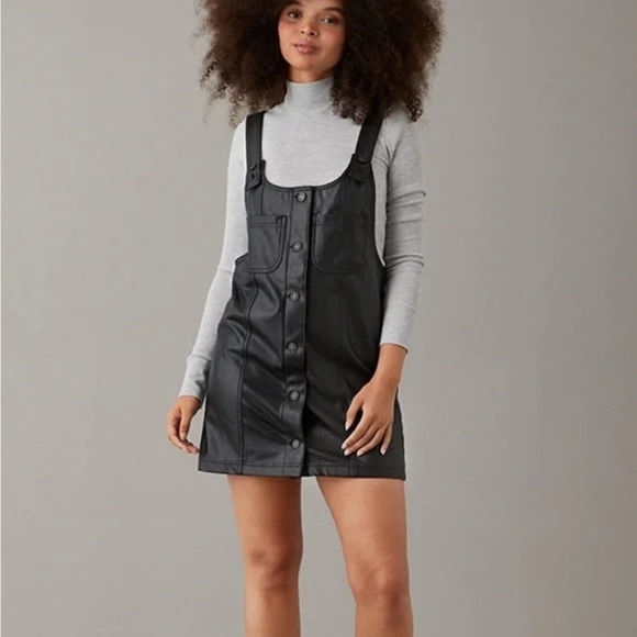 American Eagle Black Button-Front Vegan Leather Overall  Dress Large - Picture 1 of 8